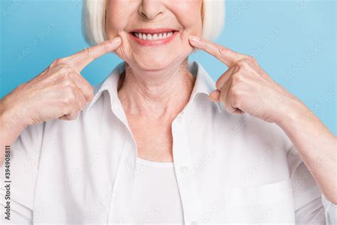 Cropped closeup photo of old lady showing white teeth healthy smile ...