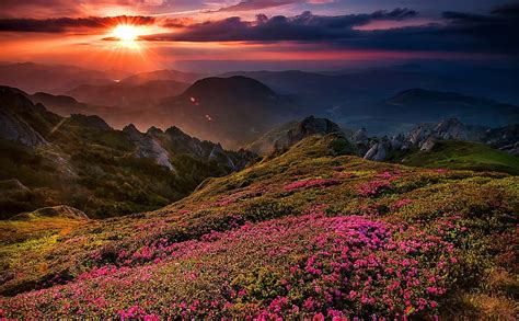 Sunset Over The Mountains, grass, bonito, sunset, sky, clouds, valley ...