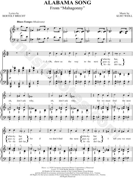 "Alabama Song" from 'Mahogonny' Sheet Music in C Major (transposable ...