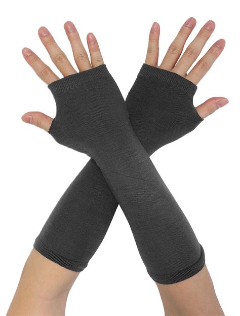 Women Elbow Length Thumbhole Arm Warmer Fingerless Gloves Dark Gray ...