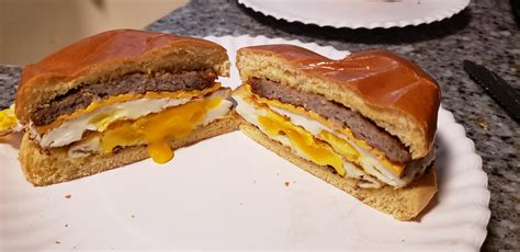 Sausage, egg, and cheese breakfast sandwich on Brioche...all from Aldi ...