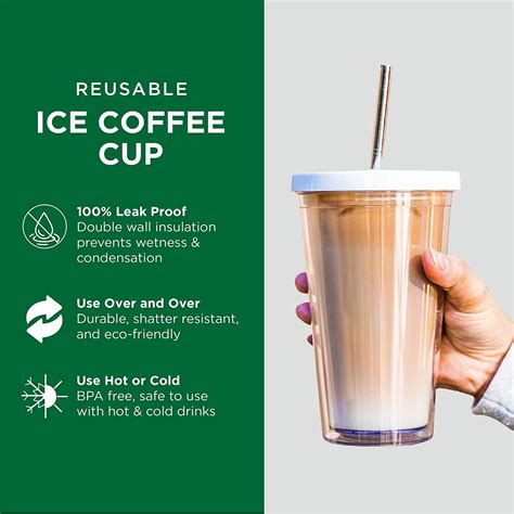 24 Oz Reusable Iced Coffee Cup with Leak Proof Double Wall Insulation ...