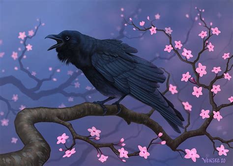 Spring is here again, john venske, flower, black, pasari, crow, blue ...