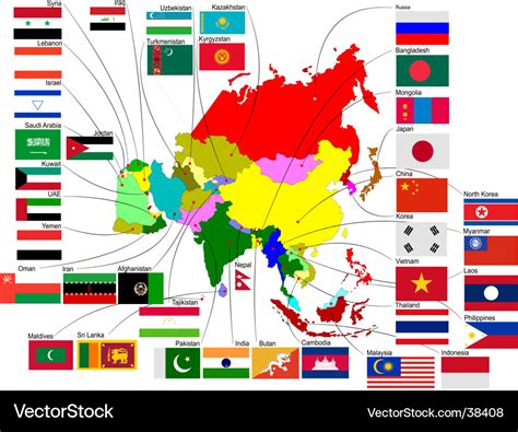 Map of asia with flags Royalty Free Vector Image