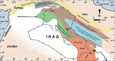 a Location map showing the Mesopotamian Basin in Iraq and simplified ...