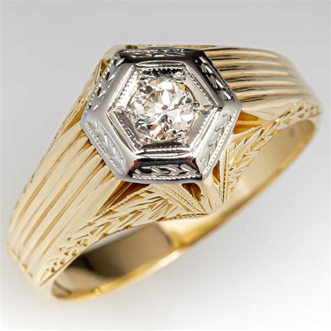 14K Two Tone Gold Vintage Mens Diamond Ring