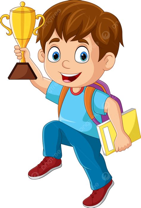 Cartoon Little Boy Holding Gold Trophy, Back, First, Sport PNG and ...