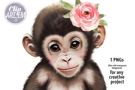 Baby Girl Monkey with Flower in Head, Watercolor 1 PNG Image Clip Art ...