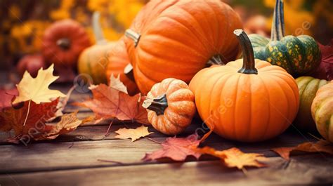 Group Of Pumpkins Surrounded By Leaves And Leaf Fall Background ...