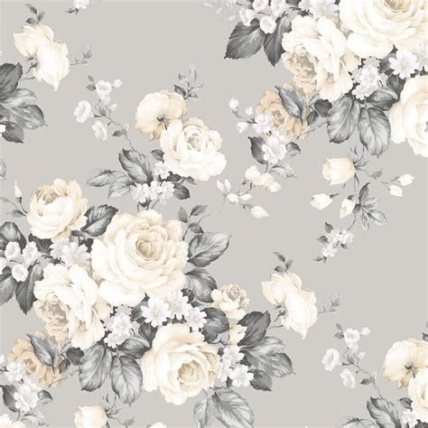 Grand Floral Wallpaper, Grey/Beige | Floral wallpaper, Grey floral ...