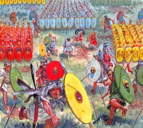 Republican Early-Roman Velites skirmishers throwing javelins in front ...