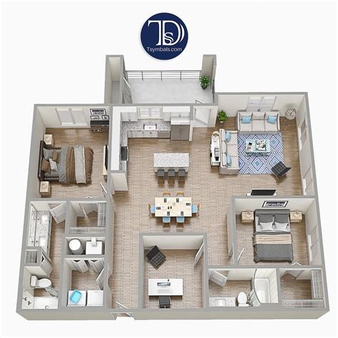 Two bedrooms apartment floorplan with furniture 🛏🛏. Fully furnished 3D ...