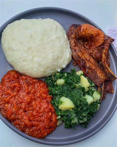 Delicious African Lunch: Pap, Tomato Gravy, Spinach, Potatoes, and Pork ...