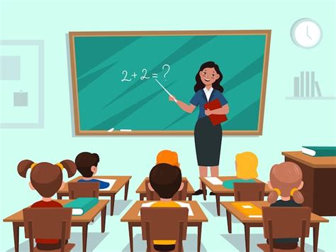 Premium Vector | Students in classroom. Teacher near blackboard in ...