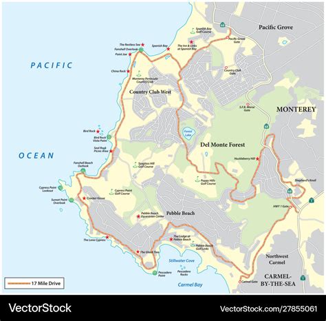 17 mile drive map california Royalty Free Vector Image