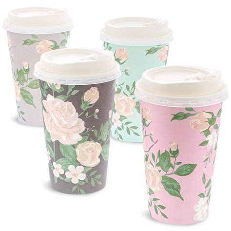 48 Pack Vintage Floral Paper Insulated Coffee Cups with Lids, 4 Designs ...