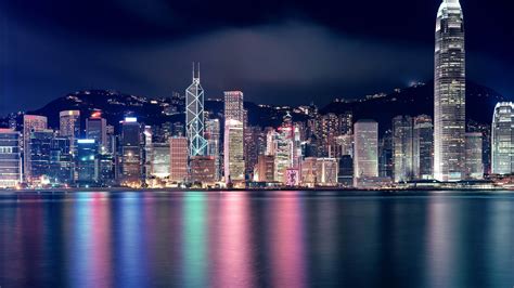 Wallpaper Beautiful city at night, Hong Kong, skyscrapers, lights, sea ...