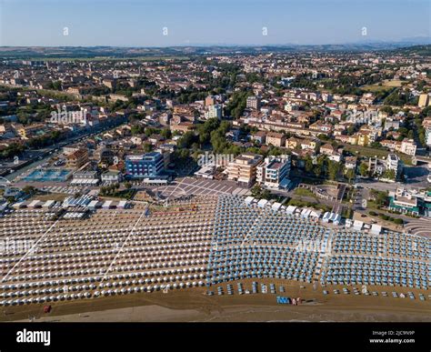 Italy, June 2022; aerial view of Fano with its sea, beaches, port ...