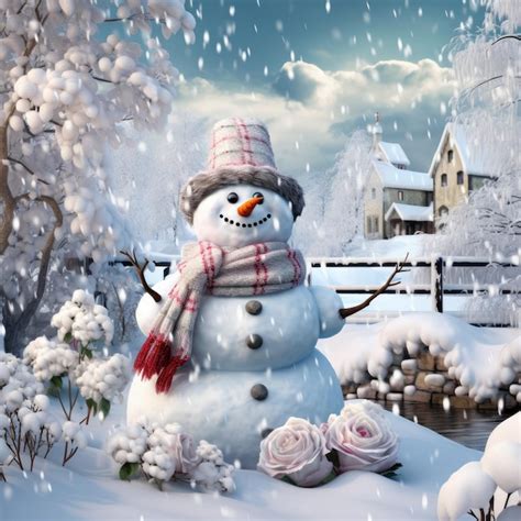 Premium AI Image | Snowcovered winter wonderland with a snowman