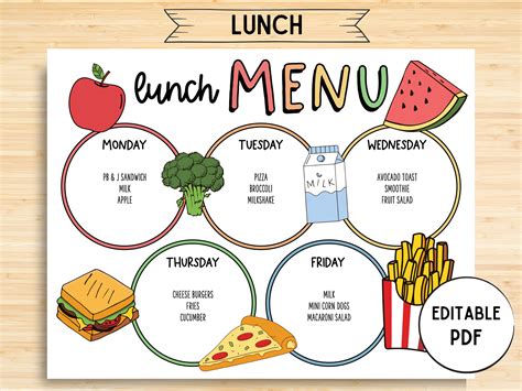 Editable Kids Lunch Planner Meal Weekly Planner Lunch Menu - Etsy