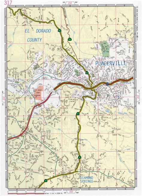 Map of Placerville city, California. Free large detailed road map