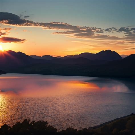 Premium AI Image | Sunrise and Mountain Lake