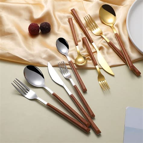 Stainless Steel Cutlery Set,5 Pieces Gold and Sliver Flatware with Wood ...