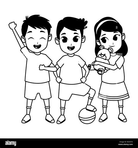 Kids friends playing and smiling cartoons in black and white Stock ...