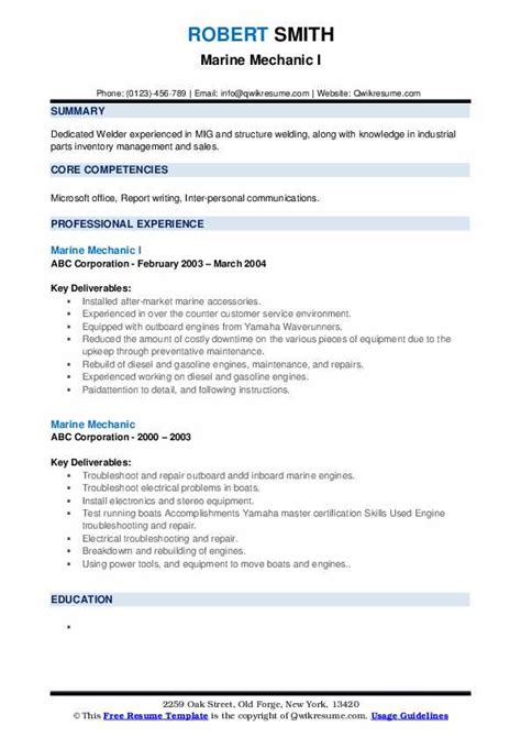 Marine Mechanic Resume Samples | QwikResume