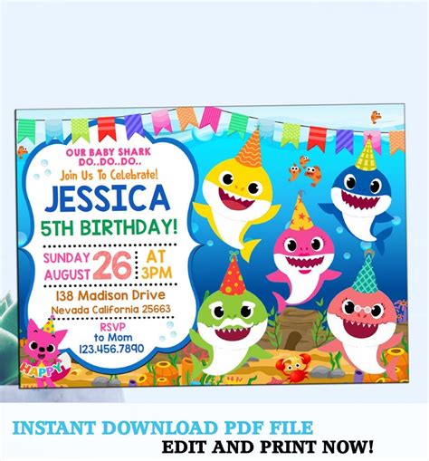 Pin on Shark birthday invitations