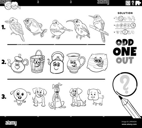 odd one out puzzle with cartoon characters coloring page Stock Vector ...