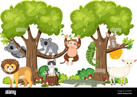 Wild animals living together happily in a secluded forest Stock Vector ...