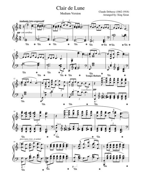 Clair de Lune (Medium Version) for Piano Solo by Claude Debussy Sheet ...