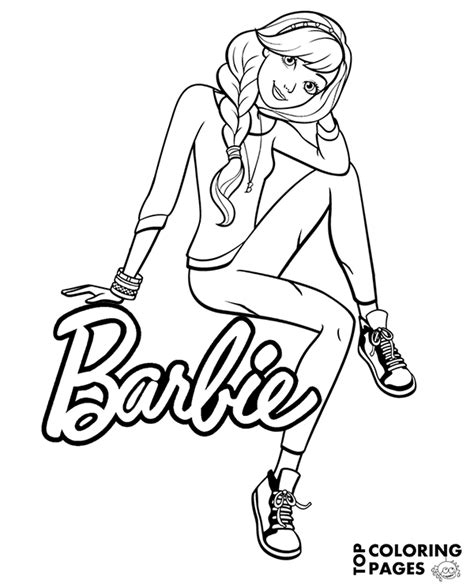 Barbie sitting on her logo free printable coloring page for girls