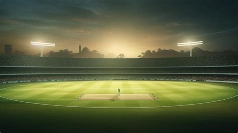 Premium Photo | A cricket stadium with a pitch and lights on the field