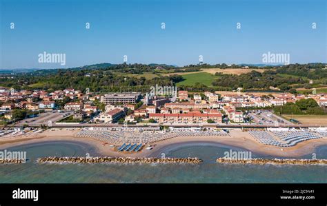 Italy, June 2022; aerial view of Fano with its sea, beaches, port ...