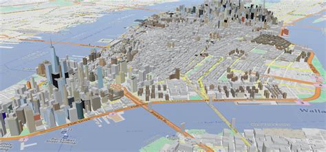 A 3D map of Manhattan Island, as defined in Open Street Map (OSM). Each ...