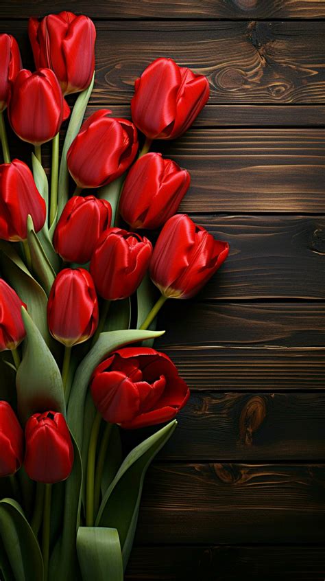 Vibrant red tulips grace a rustic wooden backdrop Vertical Mobile ...