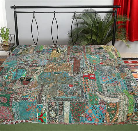 Green Indian Patchwork Bedspread Queen Handmade Bed Cover - Etsy