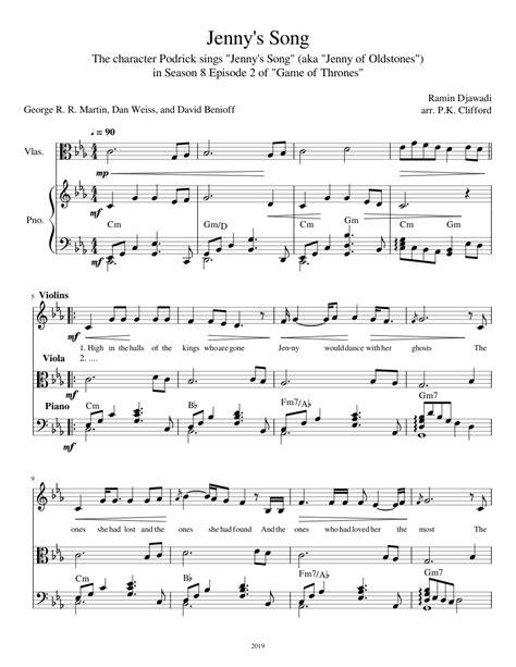 Jenny's Song ("Jenny of Oldstones", C minor violin viola & piano) sheet ...