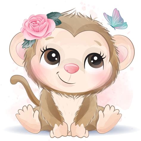 Cute little monkey with watercolor illustration 2063661 Vector Art at ...