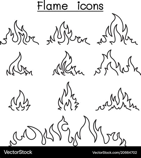 Fire flames icon set in thin line style Royalty Free Vector