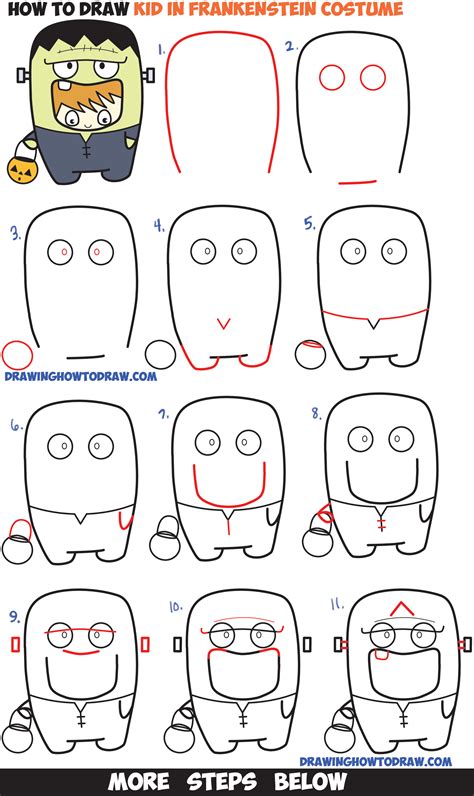 How to Draw a Kid in a Halloween Frankenstein Costume (Cute Kawaii ...