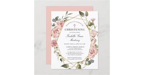 Budget Pink Floral Cross Christening Invitation | Zazzle