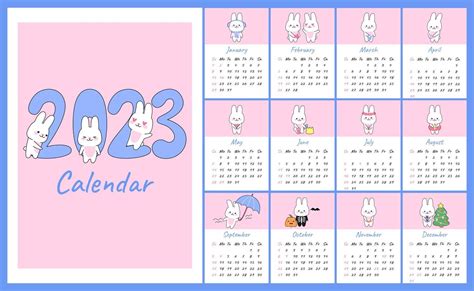 Vertical calendar 2023 with cute kawaii rabbits. Covers and 12 month ...