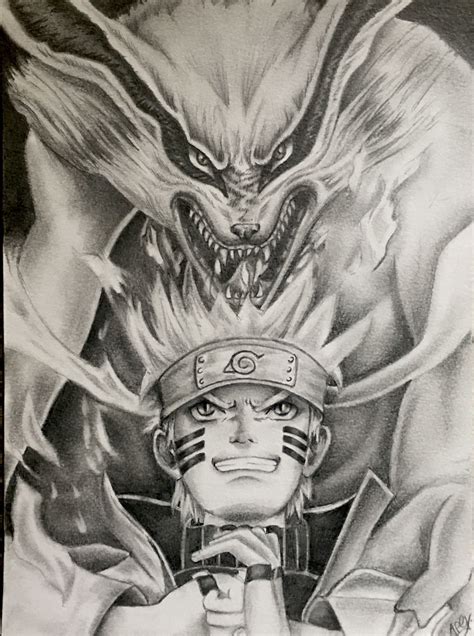 Naruto Uzumaki and Kurama the Nine Tailed Fo in graphite pencil. # ...