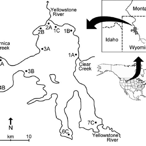 Map of Yellowstone Lake, Yellowstone National Park, Wyoming, showing ...