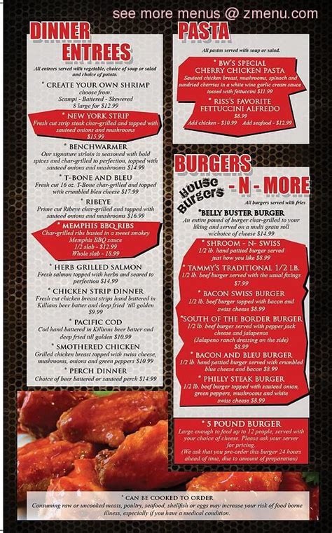 Online Menu of Bench Warmers Sports Bar & Grill Restaurant, Sandusky ...