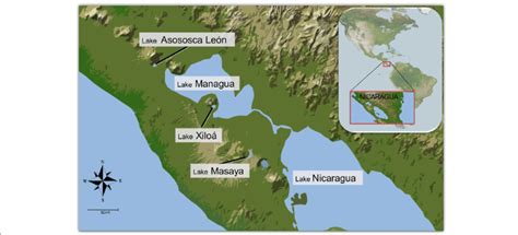 Map of the Pacific coast of Nicaragua (Central America) with the great ...