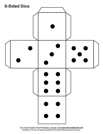 the six sided dice is shown in black and white, with four dots on each side